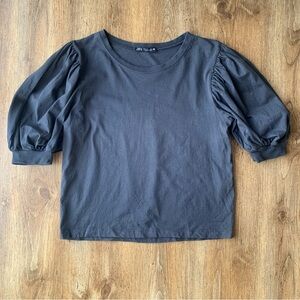 ZARA Puff Sleeve Top T-Shirt Grey Small Cropped